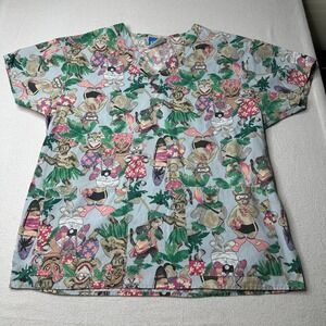 Crest Vintage Cat Hawaiian Tropical Scrub Top Blue V-Neck Womens Medium